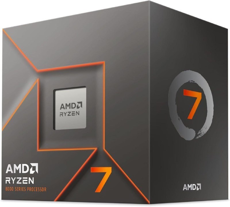 Processador AMD Ryzen 7 8700F com design preto e detalhes laranjas, compatível com socket AM5 e memória DDR5