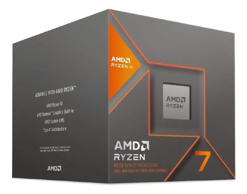 Caixa do processador AMD Ryzen 7 8700G com detalhes em cinza e laranja, exibindo as especificações técnicas como arquitetura Zen 4, socket AM5 e gráficos Radeon integrados.