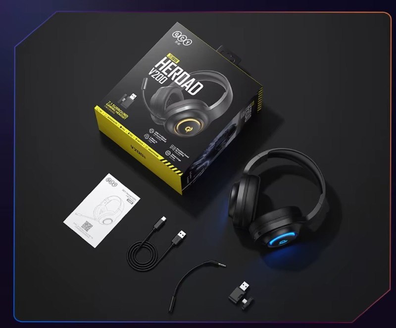 Headset Qcy Heroad V200 7.1 sem fio com iluminação RGB, microfone removível e conectividade tripla (Bluetooth 6.0, fio 3,5 mm e modo sem fio)