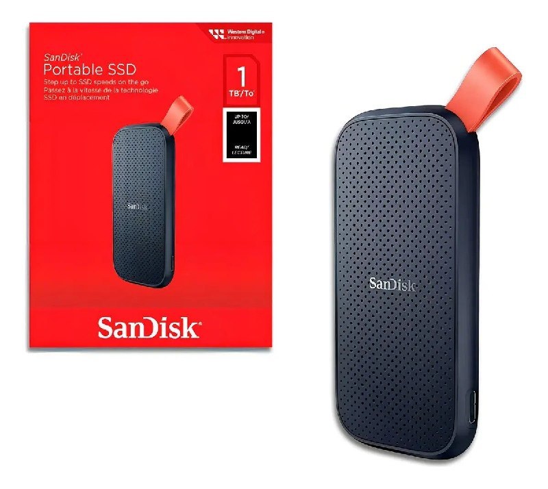 SSD Externo Portátil SanDisk 1TB com design preto e detalhes em vermelho, conectado a um notebook