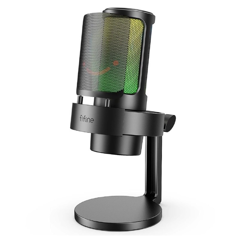 Microfone gamer Fifine A8 com iluminação RGB, entrada para fone de ouvido e botão de mute rápido, posicionado em pé articulado sobre base estável