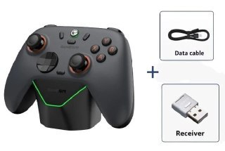Controle GameSir Nova 2 Lite preto com dock de carregamento branco ao lado de cabo USB