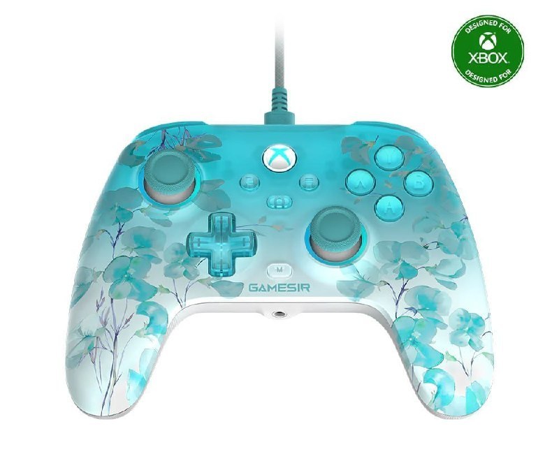 Controle GameSir T7 Pro Floral para Xbox com joystick de efeito Hall, design floral azul e botões iluminados RGB