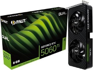 Placa de vídeo Palit GeForce RTX 5060 Ti Dual com 8GB GDDR7, design preto e verde, conectores de vídeo e dissipador de calor