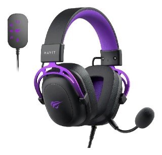 Headset gamer Havit H2002c com microfone destacável, design preto e roxo, fios pretos e controle de volume na estrutura
