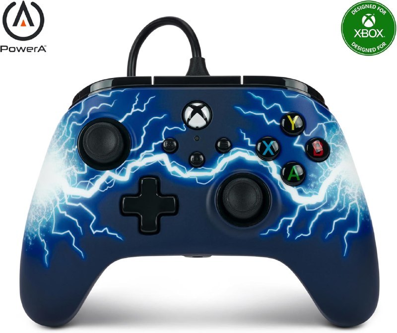 Controle com fio Power A na cor preta e azul, projetado para Xbox Série X, com botões coloridos e cabo preto