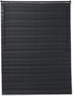 Persiana horizontal de PVC na cor preta com lâminas fechadas, medindo 1,30m de largura por 80cm de altura.