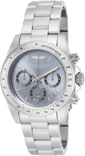 Relógio masculino Invicta Speedway com pulseira e caixa em aço inoxidável prateado, mostrador azul claro com cronógrafos e taquímetro na borda