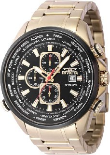 Relógio masculino Invicta modelo 47819 com pulseira e caixa em aço inoxidável dourado, mostrador preto com detalhes em dourado e cronógrafos internos.
