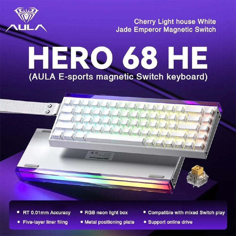 Teclado gamer Aula Hero 68 HE na cor branca com iluminação RGB, switches magnéticos expostos e cabo USB, exibido sobre uma superfície roxa.