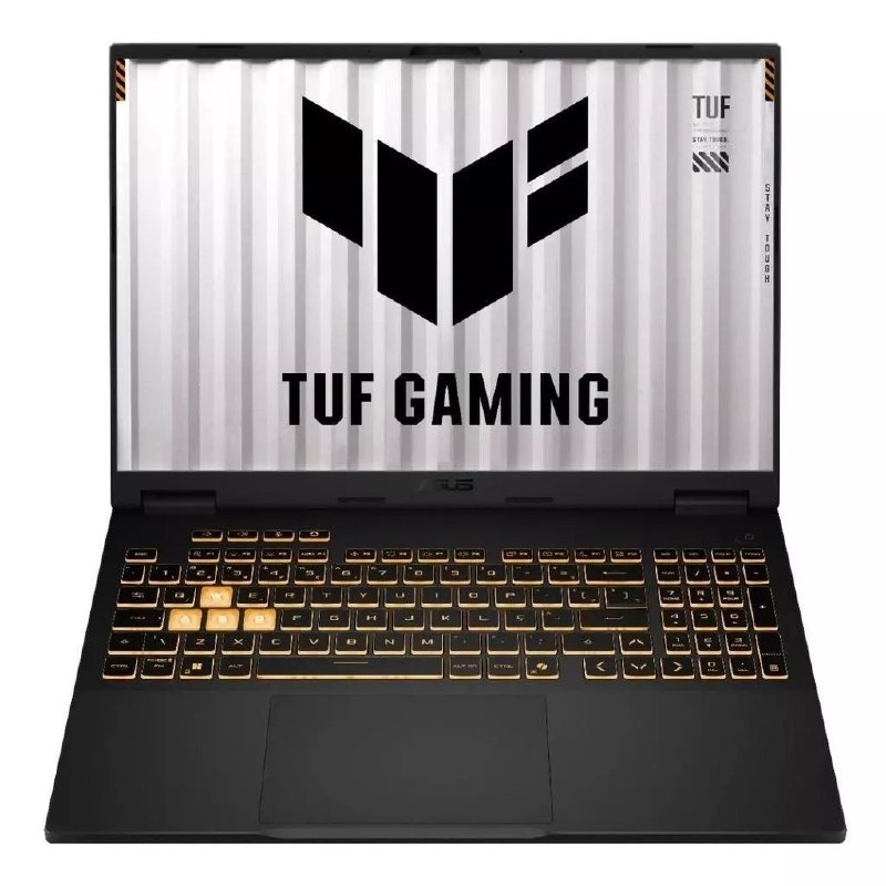 Notebook gamer Asus TUF F16 aberto, exibindo o logotipo TUF Gaming na tela e teclado retroiluminado com teclas WASD em destaque.