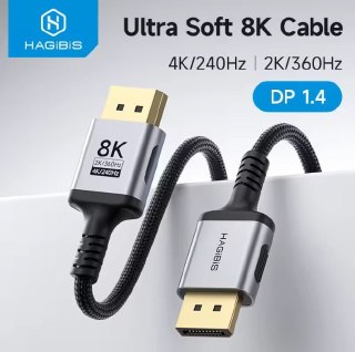 Cabo DisplayPort Hagibis de 2 metros com conectores metálicos dourados e revestimento trançado, exibindo especificações de 8K, 4K/240Hz e 2K/360Hz.
