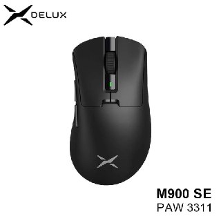 Mouse gamer Delux M900 SE na cor preta, visto de cima, exibindo botões principais, scroll, indicador LED e logo da marca.