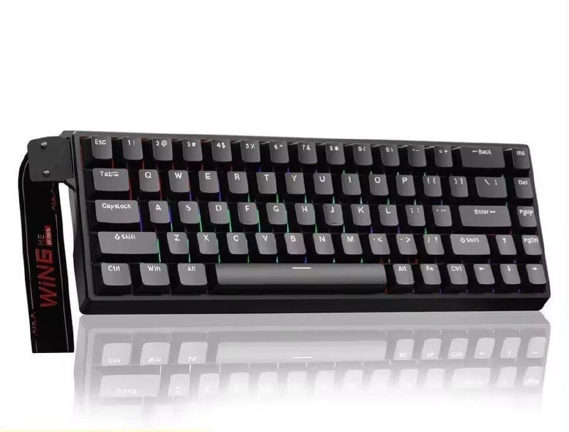 Teclado mecânico compacto Aula Win68he 68% na cor preta com teclas retroiluminadas e alça lateral com a inscrição WING HE SERIES