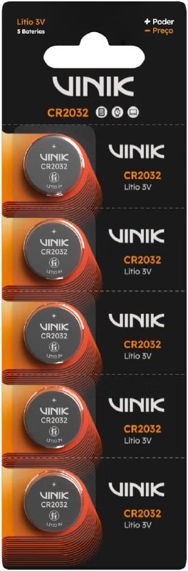 Cartela de papelão preta contendo 5 baterias de lítio modelo CR2032 da marca Vinik, com indicação de 3V e ícones de uso em calculadoras, relógios e eletrônicos.