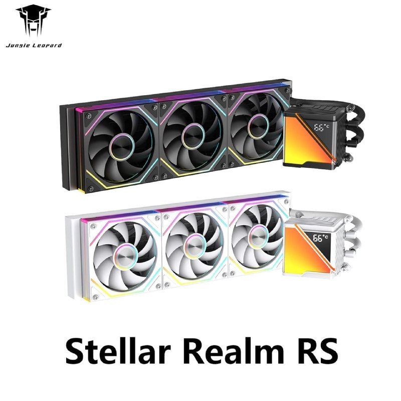 Water Cooler Jungle Leopard Stellar Realm RS 360mm nas versões preta e branca, exibindo ventoinhas com iluminação RGB e bloco com display de temperatura digital.