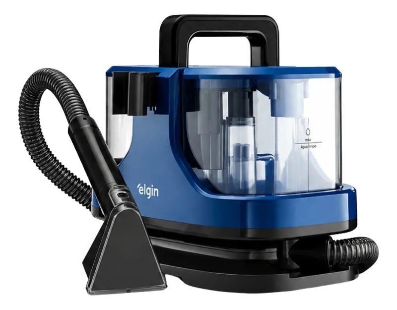 Aspirador extrator de mão Elgin Remove & Clean na cor azul-escuro, com reservatório transparente de 1.2L, alça superior preta e bocal de sucção acoplado por mangueira flexível.