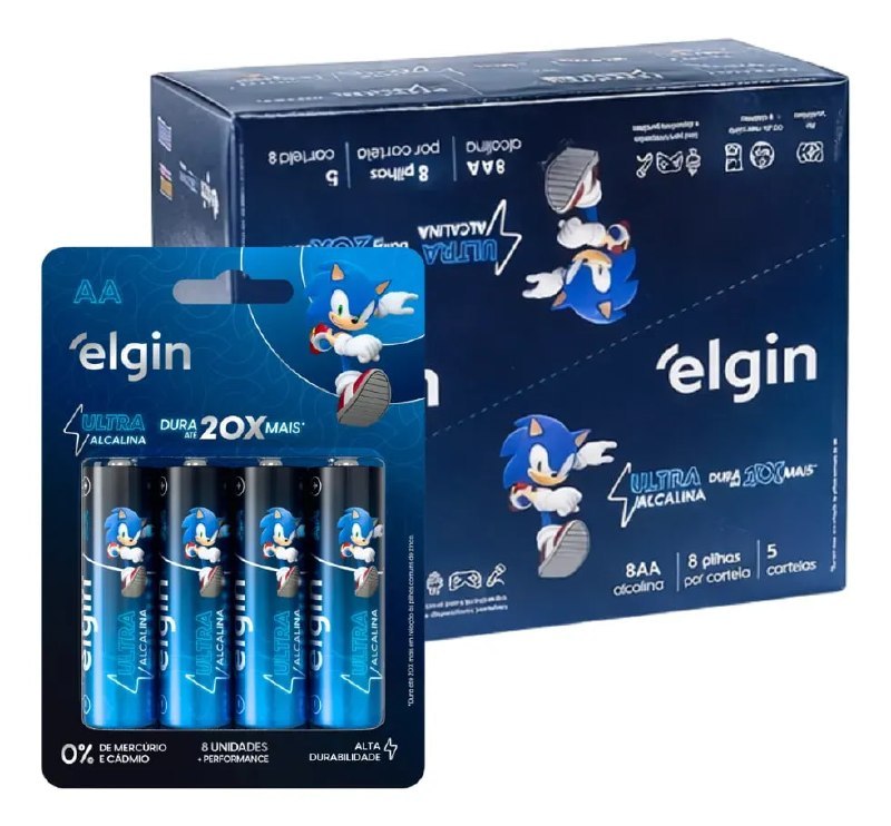Caixa contendo 40 pilhas Elgin Ultra Alcalina AA 1.5V, exibindo uma cartela frontal de 4 unidades e a caixa fechada ao fundo com estampa do personagem Sonic