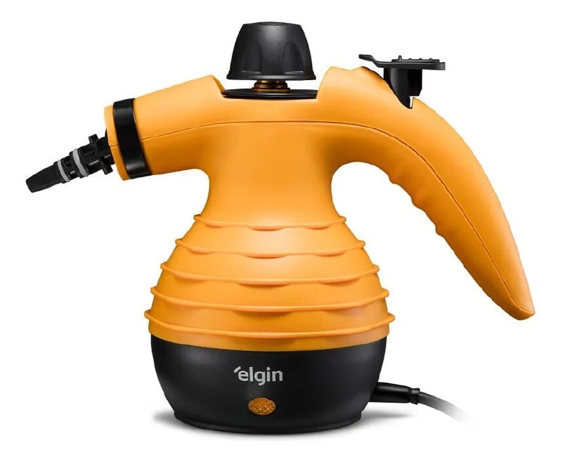 Higienizador a vapor portátil Elgin Vapora Clean na cor amarela com detalhes em preto, exibindo o bico aplicador e o botão de controle superior.
