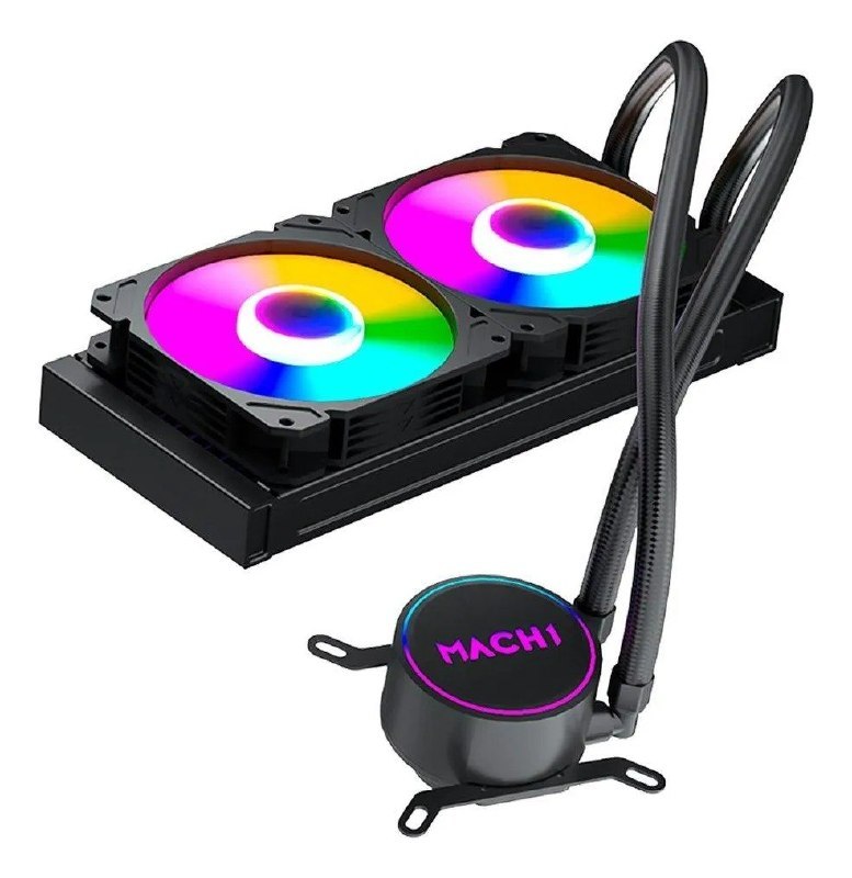 Water Cooler MACH1 Logic GK240 preto com radiador de 240mm, dois fans com iluminação RGB multicolorida, tubos em nylon trançado e bloco da bomba com logo MACH1 e anel RGB