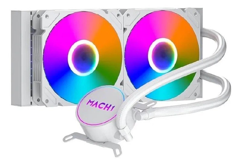 Water Cooler Mach1 Logic GK240W de 240mm na cor branca, com dois fans iluminados em RGB e bloco de refrigeração com logo Mach1