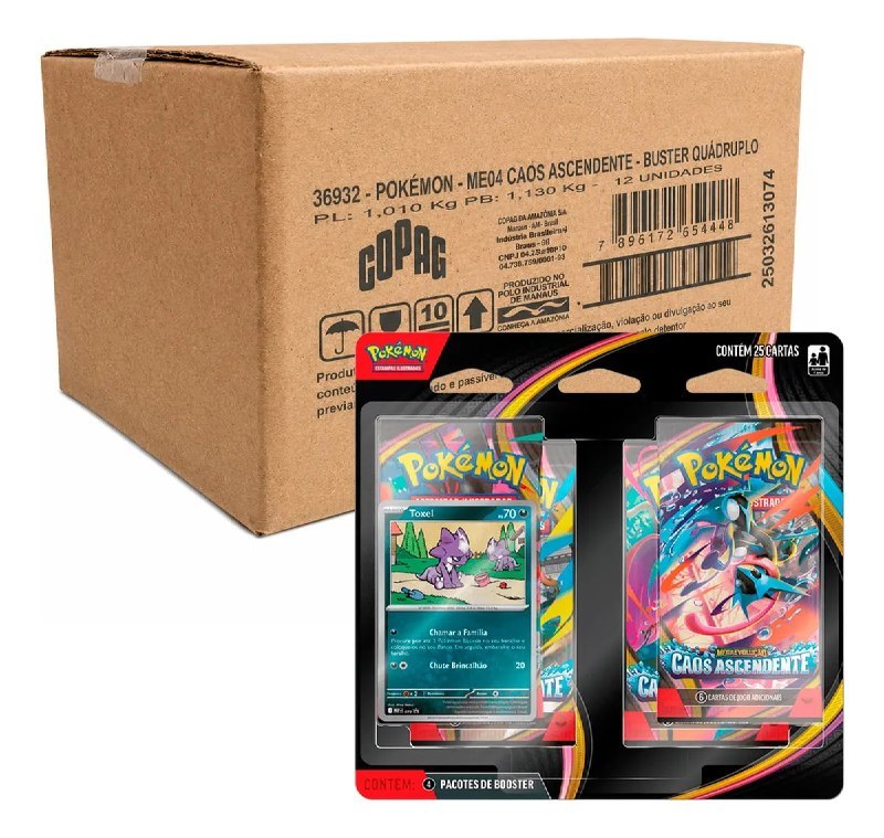 Caixa de papelão contendo 12 blisters quádruplos de Pokémon TCG da coleção Caos Ascendente, com um blister em destaque na frente mostrando pacotes e uma carta de Toxel.