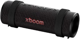 Caixa de som portátil LG XBOOM Grab na cor preta, com formato cilíndrico, alças laterais e botões de controle na parte superior