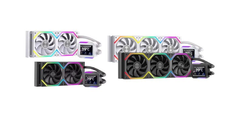 Quatro modelos de Water Cooler para CPU com radiadores de 2 ou 3 ventoinhas, disponíveis nas cores branco e preto, todos equipados com um display LCD que exibe a temperatura de 19 graus Celsius.