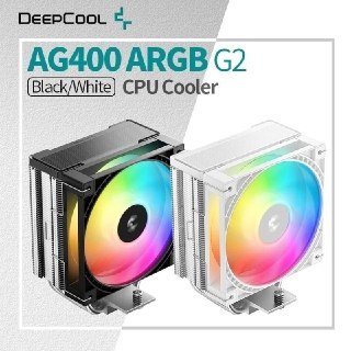 Duas unidades do cooler para processador DeepCool AG400 ARGB G2, uma na cor preta e outra na cor branca, exibindo ventoinhas com iluminação RGB.