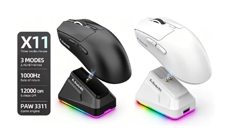 Mouse Sem Fio Kebidumei X11 Tri Mode 12000 DPI com Base Magnetica RGB