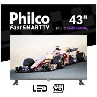 Smart TV Philco de 43 polegadas modelo P43CRA com tela exibindo um carro de corrida de Fórmula 1, destacando a marca Philco e a tecnologia Full HD LED no topo e rodapé.