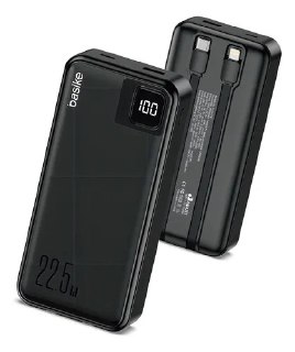 Power Bank Basike 20000mah Preto, Carga Rápida 22.5w Para iPhone E Samsung, Com Cabos Embutidos E Display