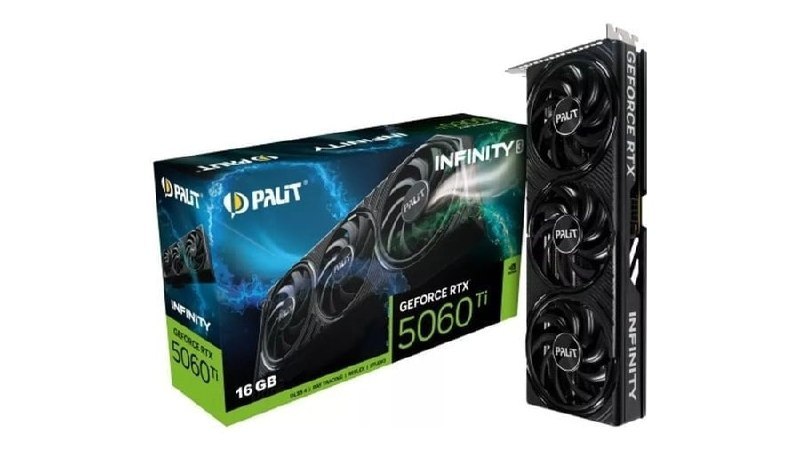 Placa de vídeo Palit RTX 5060 Ti com 16GB de memória GDDR7 e sistema de refrigeração de três ventoinhas ao lado de sua caixa original