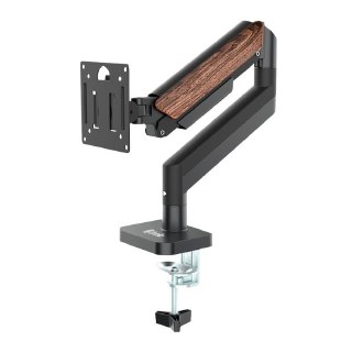 Suporte articulado para monitor Zinnia Rust 100 na cor preta com detalhe amadeirado no braço, fixação por morsa e placa VESA exposta