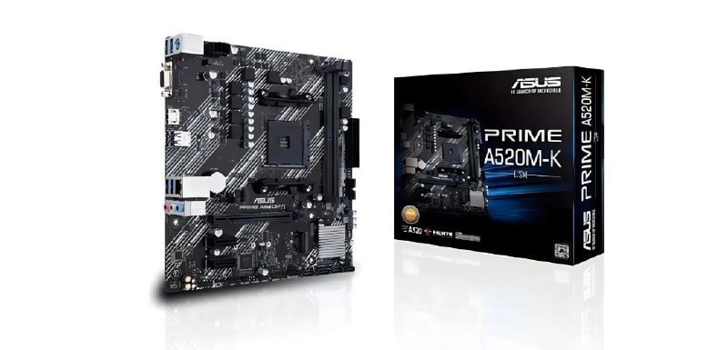 Placa-mãe Asus Prime A520M-K exibida ao lado de sua caixa original com detalhes em preto e azul