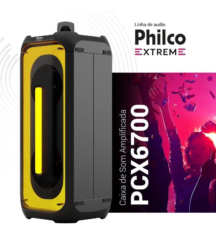 Caixa de som amplificada Philco PCX6700 na cor preta com detalhes em amarelo, exibindo design vertical e logo da linha Philco Extreme ao lado de uma imagem de festa