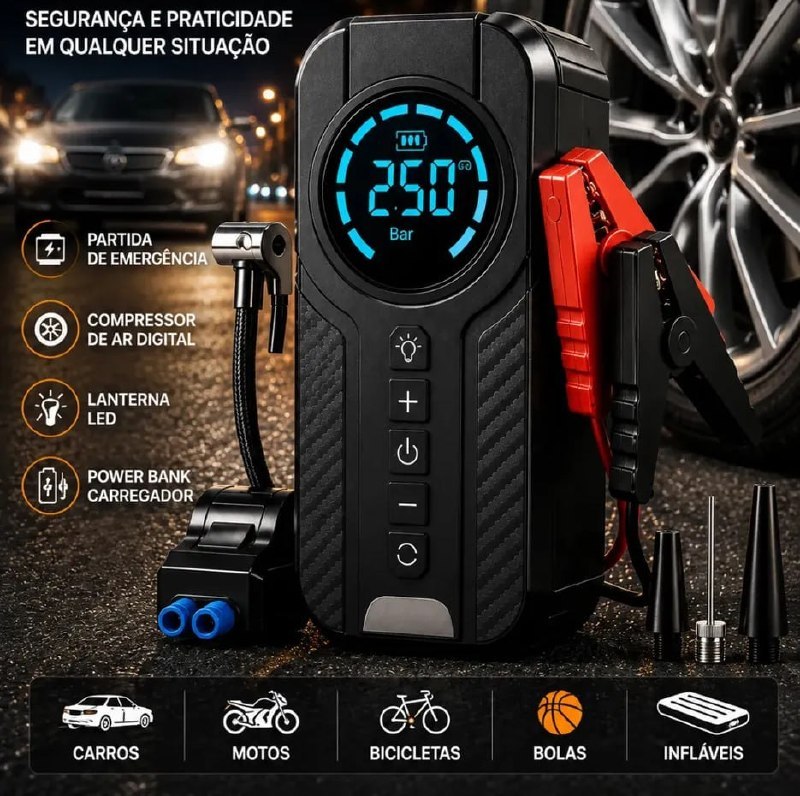 Auxiliar De Partida Para Carro Compressor De Ar Portátil 12V 4 funções em 1 Inflador Digital Calibrador De Pneu Power Bank Lanterna LED Emergência Automotiva Moto SUV Bicicleta Caminhonete MidiaFone