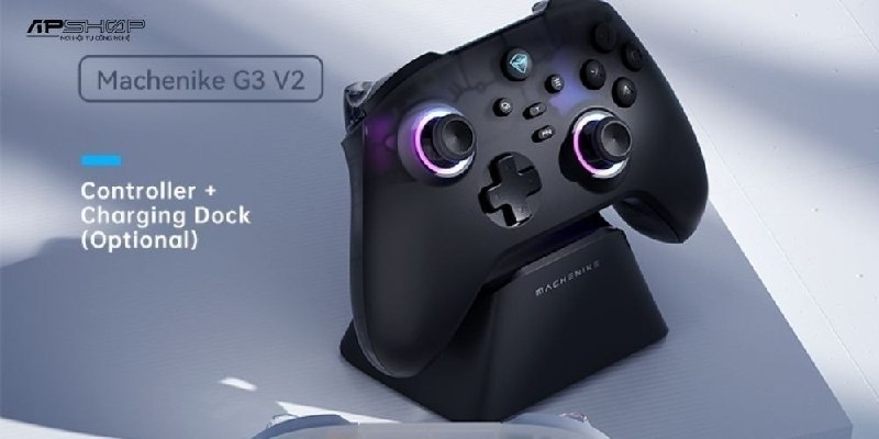 Controle sem fio Machenike G3 V2 na cor preta posicionado sobre sua base de carregamento, com iluminação RGB nos manípulos analógicos.