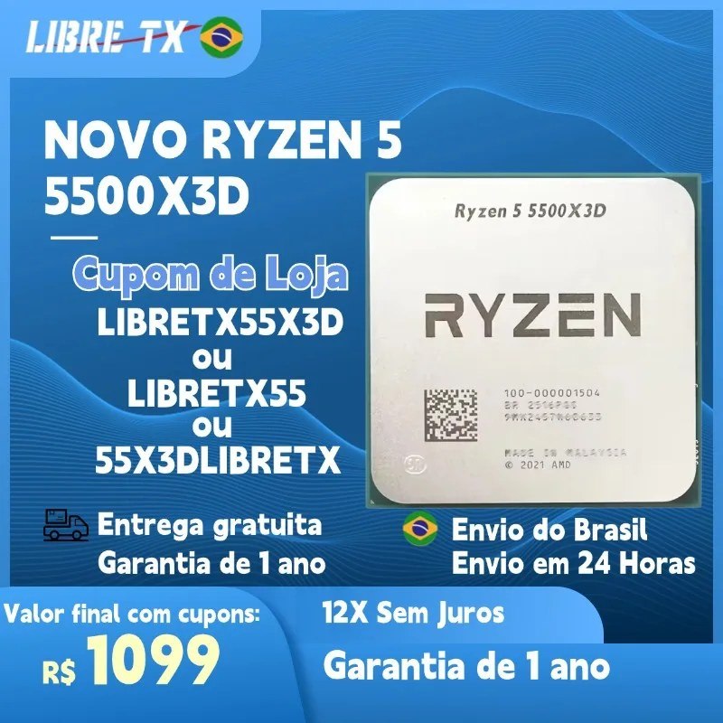 Processador AMD Ryzen 5 5500X3D com tampa metálica exibindo a marca e os códigos de fabricação