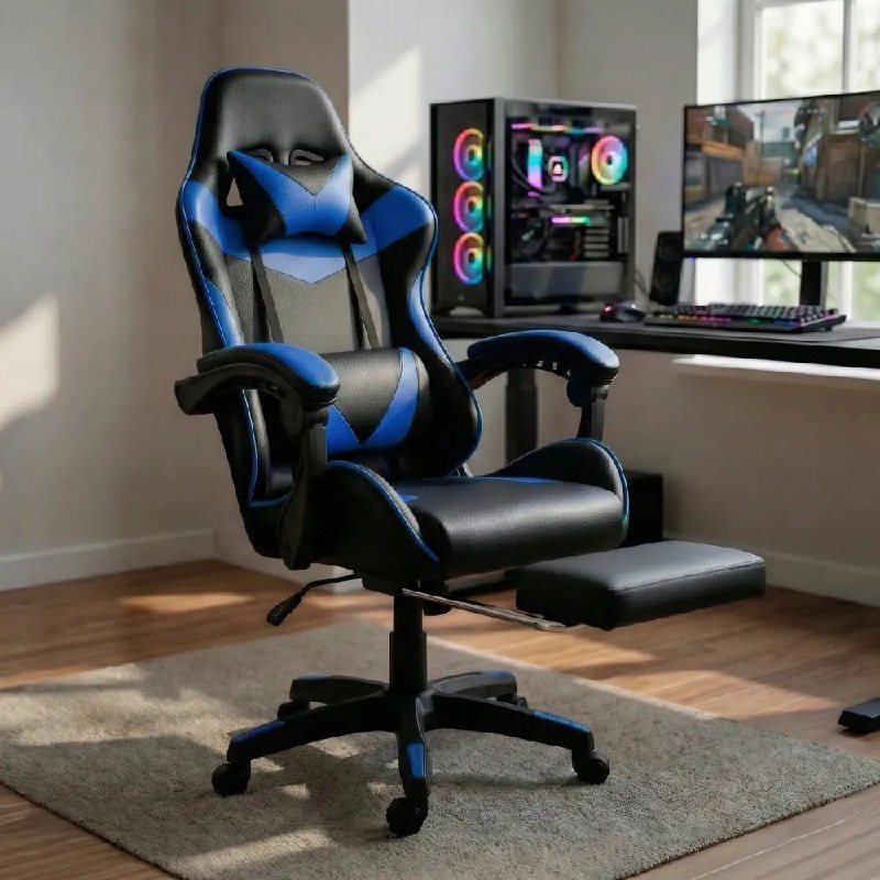 Cadeira Gamer com Apoio para Pés Azul e Preta