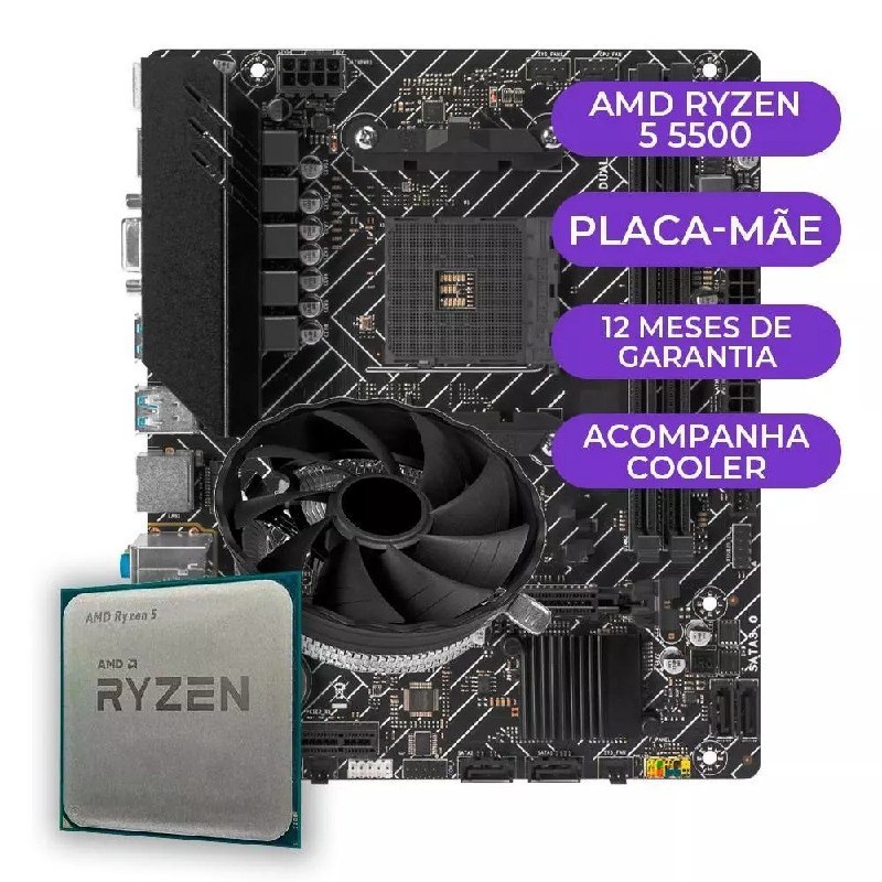 Kit Upgrade AMD Ryzen 5 5500 + Placa-Mãe A520M com Cooler