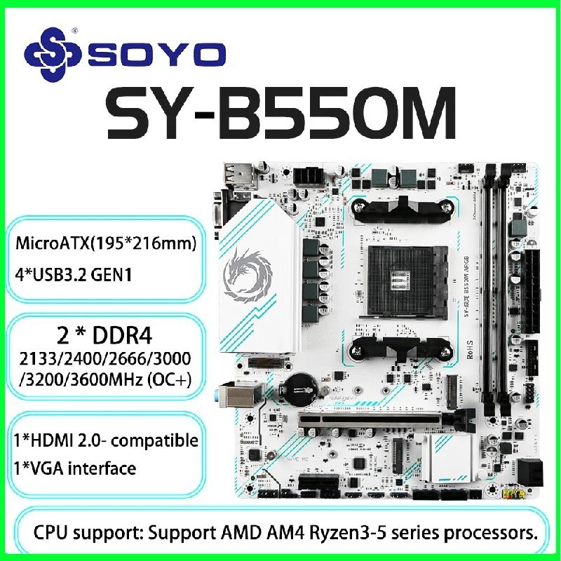 B550m Soyo White Placa Mãe DDR4 AM4 AMD Ryzen Branca