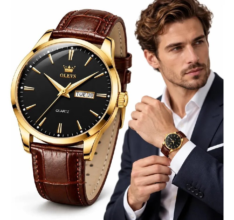 Relógio Masculino Olevs Dourado Couro Marrom