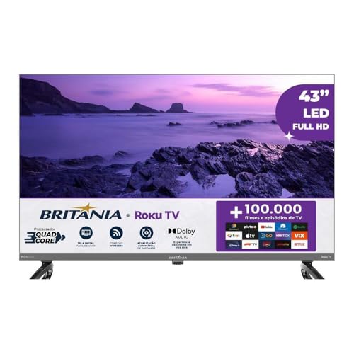 Smart TV Britânia de 43 polegadas com sistema Roku TV exibindo paisagem litorânea na tela
