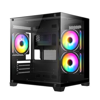 Gabinete gamer Husky Dome 10 na cor preta com painéis frontal e lateral em vidro temperado, exibindo interior vazio para montagem