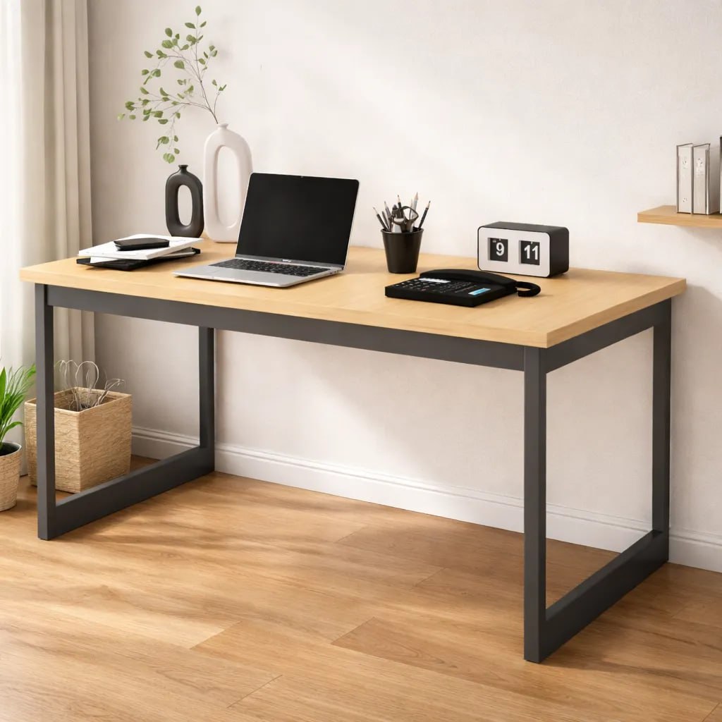Mesa de escritório estilo industrial com tampo de madeira clara e estrutura de ferro preta, equipada com notebook, organizador de mesa, telefone e objetos decorativos em um ambiente iluminado.