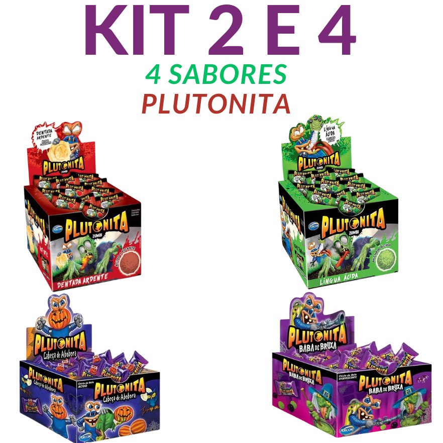 Kit com 4 caixas de chicletes Plutonita da Arcor, exibindo os sabores Dentada Ardente, Língua Ácida, Cabeça de Abóbora e Baba de Bruxa, cada uma com 40 unidades.