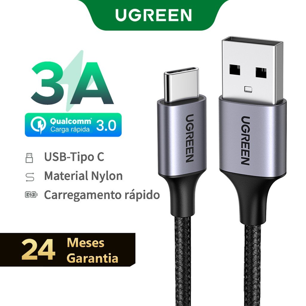 Cabo USB Tipo-C da marca Ugreen com revestimento em nylon, exibindo conectores USB-A e USB-C, com selos de carregamento 3A e Qualcomm Quick Charge 3.0