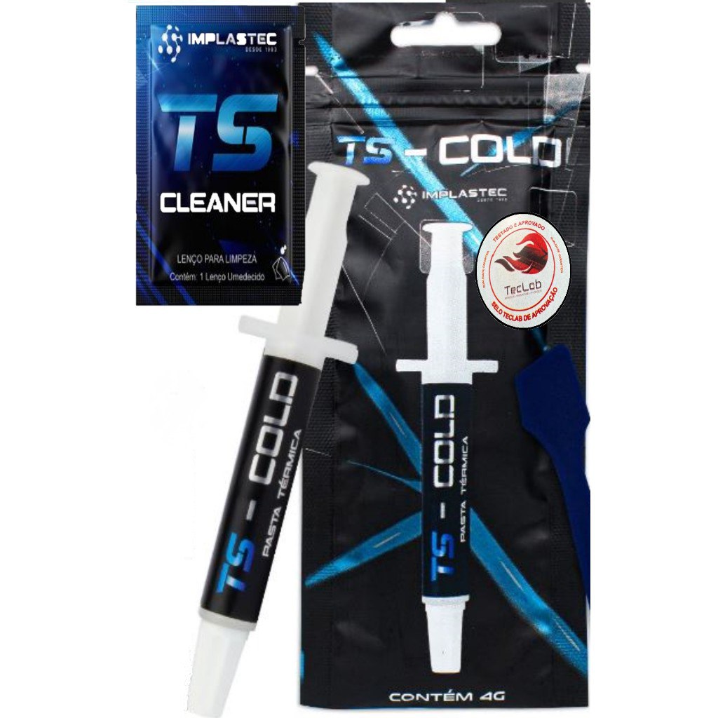 Kit de pasta térmica Implastec TS Cold de 4g, incluindo uma seringa, um lenço de limpeza TS Cleaner e uma espátula aplicadora azul, com selo de aprovação do TecLab.
