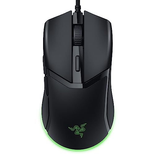 Mouse gamer Razer Cobra na cor preta, visto de cima, com cabo Speedflex conectado e logo da Razer iluminado na base